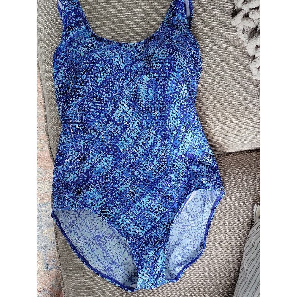 L.L. Bean Blue Multi-Print Scoop One-Piece Swimsuit Womens Sz 16, Beachy